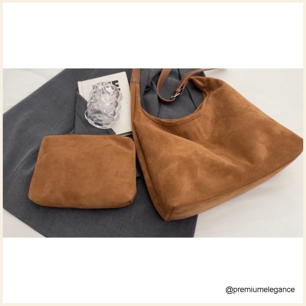 Large Faux Suede Hobo Tote Bag with Adjustable Strap and Pouch - Picture 7 of 7